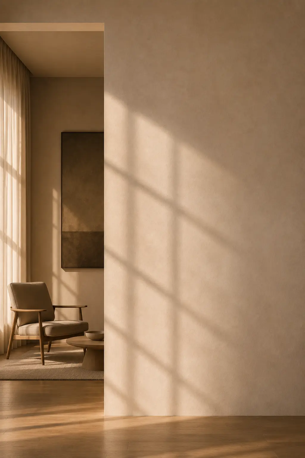 Quiet sunlit interior with chair, wall shadows, and warm architectural light